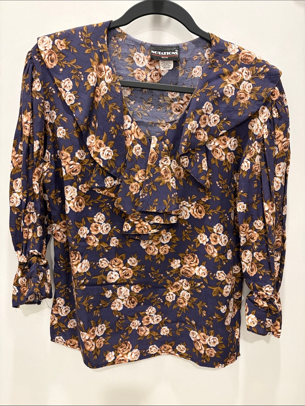 Petite Navy Floral Ruffle V-Neck Blouse
